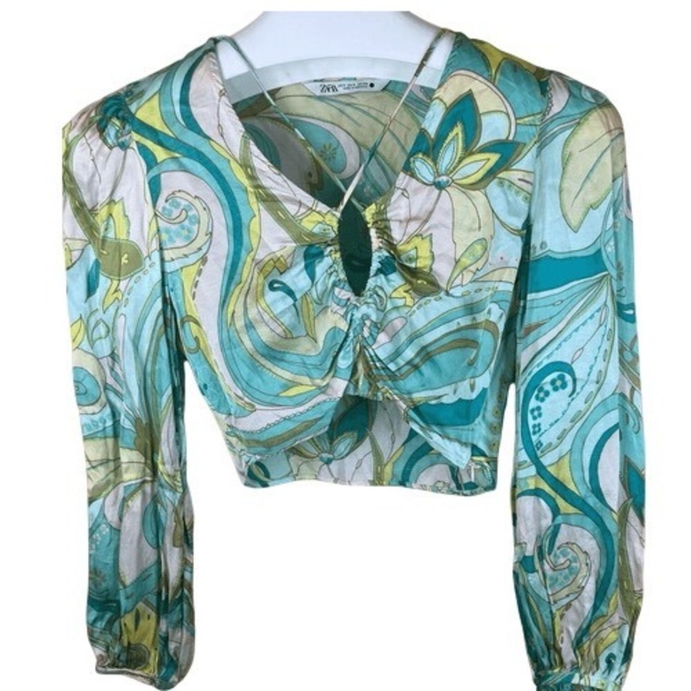 Zara Women's Paisley Crop Top Green Ruched Long Sleeve Blouse‎ Size Small 70s